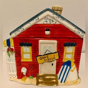 Mrs Fields Cookie Jar Gone Fishin' Beach House Bungalow Ceramic Kitchen Colorful